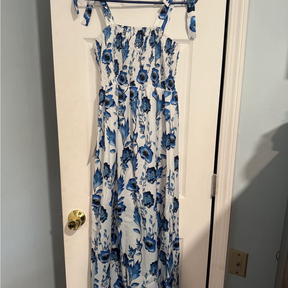 Spring Sale: Azazie Floral Blue and White Maxi Dress NWT